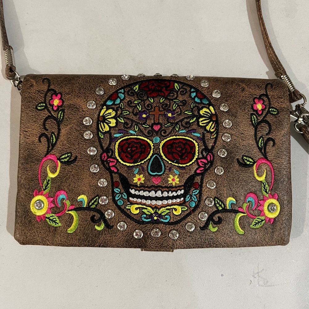 Brown Embroidered Sugar Skull Wallet Crossbody Bag